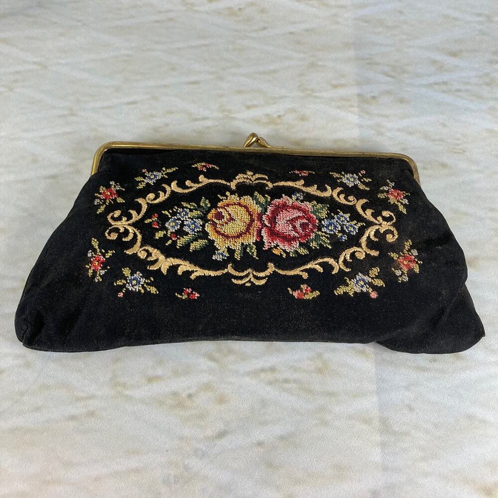 Vintage West Germany Petit Point Floral Clutch Black Kiss Lock Evening Bag